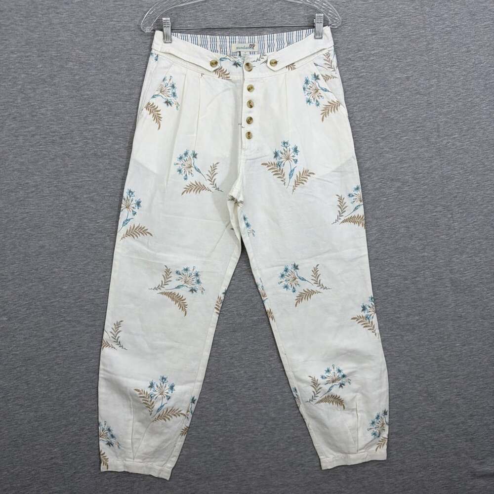 NWT Sundance Women's Size 4 Linen Blend Floral Print Tapered Cuffed Boho Pants